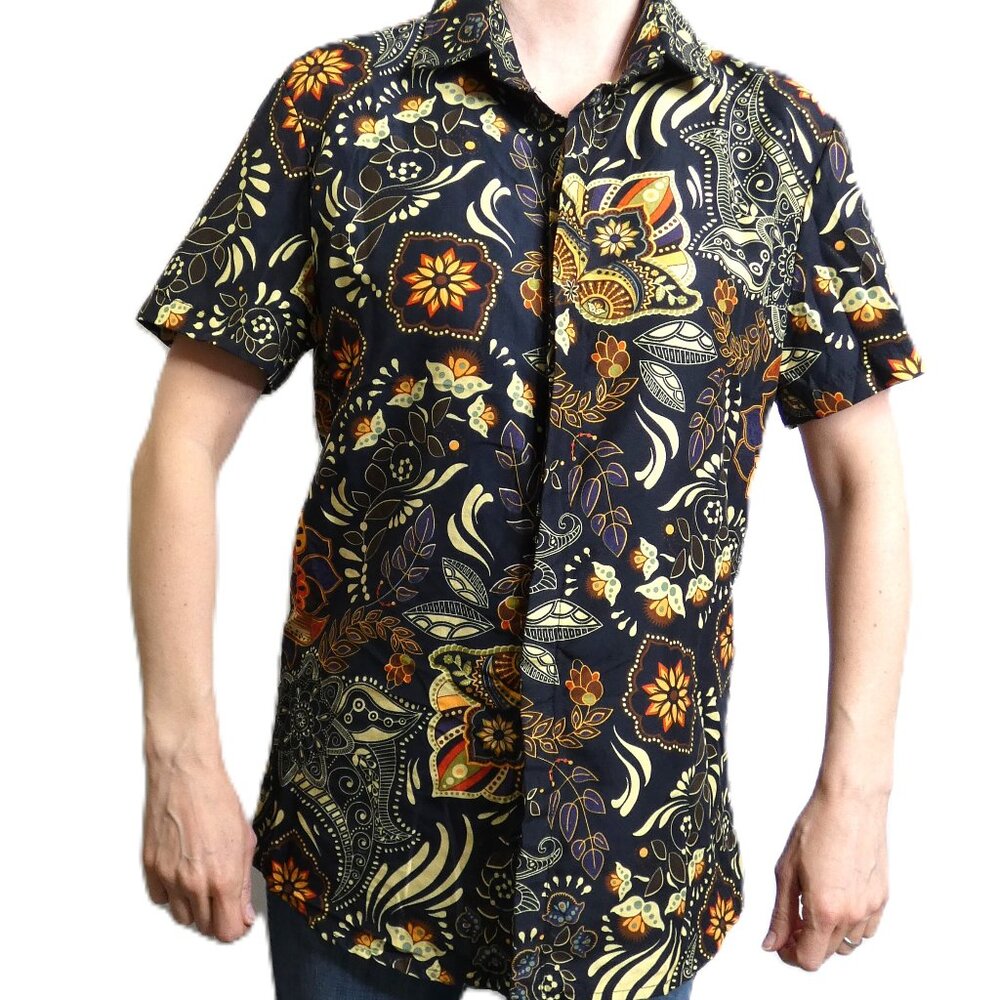 Vintage Men Brown Shirt Size S Abstract Floral 80s 90s Vacation Summer Short Slv